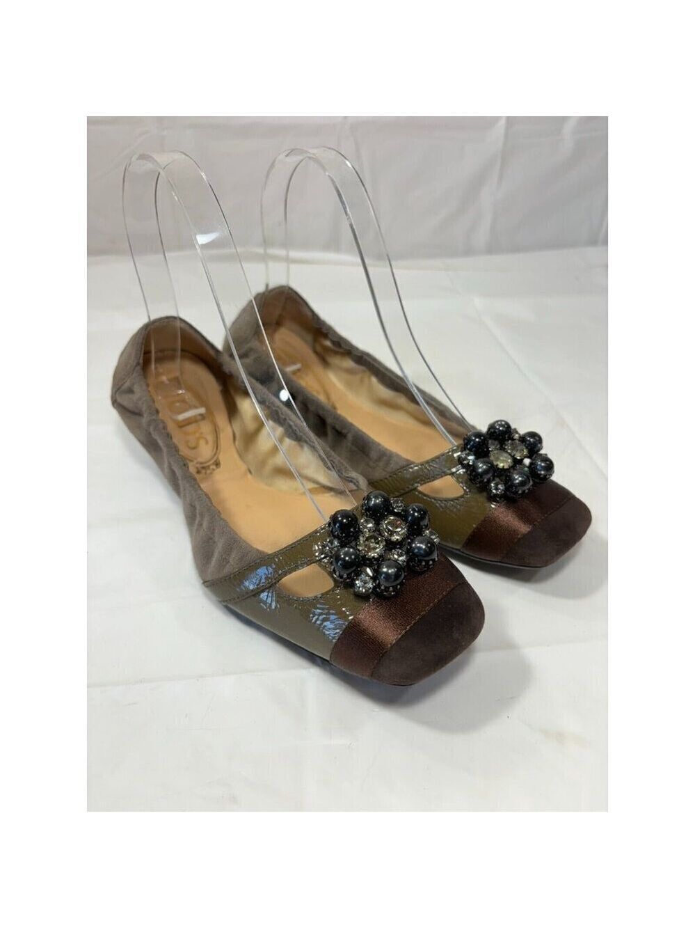 Tod’s Taupe Suede Rhinestone Front Ballet Flats Shoes Size 36 EU 6 US - Picture 1 of 12